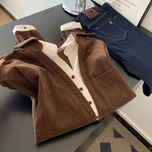 咖色繙領燈芯絨中長款假兩件條紋拼接襯衫女士設計感小衆寬鬆上衣