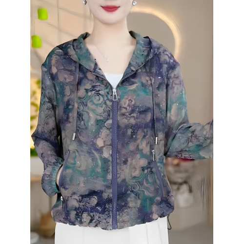 媽媽裝夏季連帽薄款印花長袖拉鍊衫寬鬆防曬服時尚女減齡休閒外套