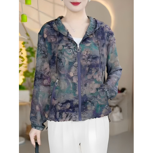 媽媽裝夏季連帽薄款印花長袖拉鍊衫寬鬆防曬服時尚女減齡休閒外套