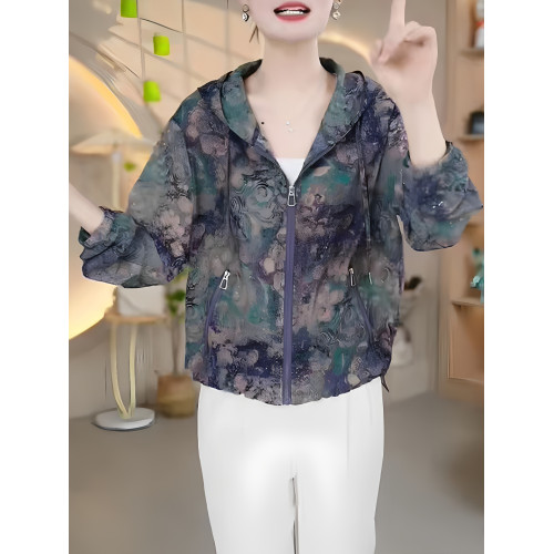 媽媽裝夏季連帽薄款印花長袖拉鍊衫寬鬆防曬服時尚女減齡休閒外套