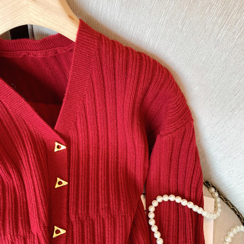 大牌買手店法式氣質V領長袖針織衫女秋冬新款復古顯瘦高級感開衫