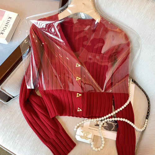 大牌買手店法式氣質V領長袖針織衫女秋冬新款復古顯瘦高級感開衫