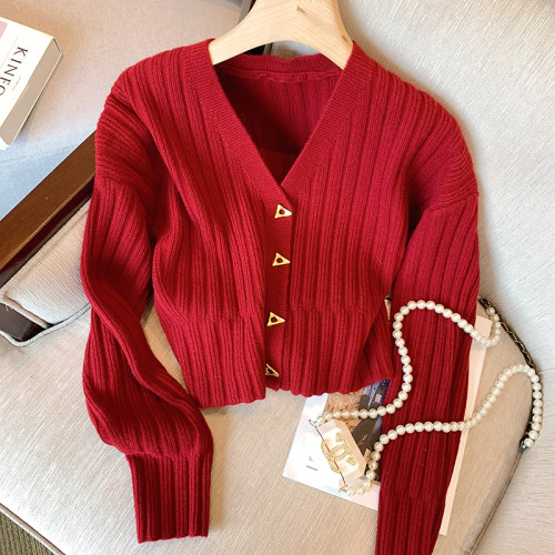 大牌買手店法式氣質V領長袖針織衫女秋冬新款復古顯瘦高級感開衫