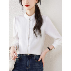 新中式國風長袖襯衫女士春裝新款復古氣質立領襯衣高級感緞面上衣