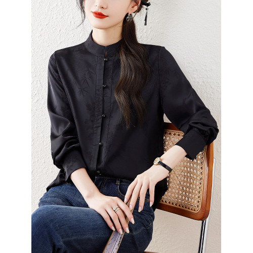 新中式國風長袖襯衫女士春裝新款復古氣質立領襯衣高級感緞面上衣