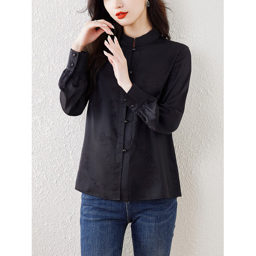 新中式國風長袖襯衫女士春裝新款復古氣質立領襯衣高級感緞面上衣