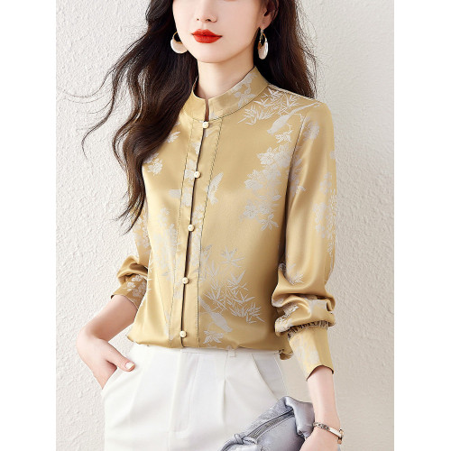 新中式國風長袖襯衫女士春裝新款復古氣質立領襯衣高級感緞面上衣