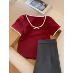 柔軟舒適好穿！紅色蝴蝶結小衆T恤女2025夏季小個子內搭時尚上衣