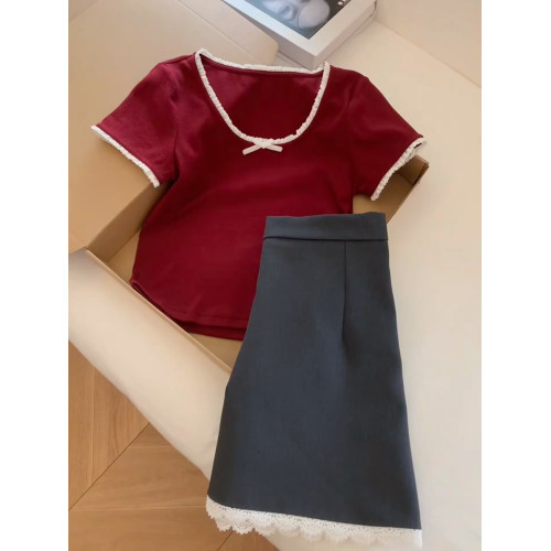 柔軟舒適好穿！紅色蝴蝶結小衆T恤女2025夏季小個子內搭時尚上衣