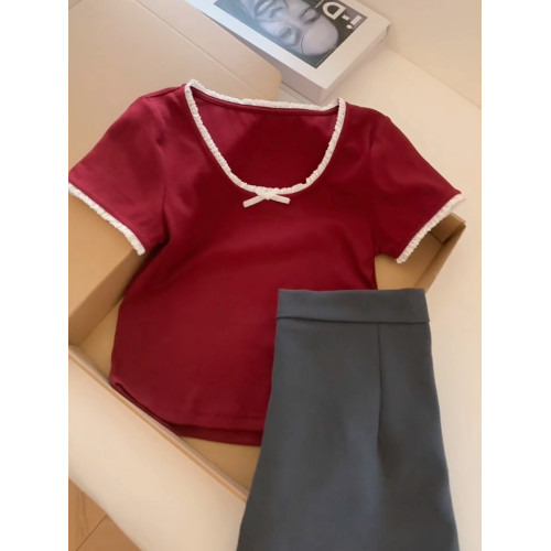 柔軟舒適好穿！紅色蝴蝶結小衆T恤女2025夏季小個子內搭時尚上衣