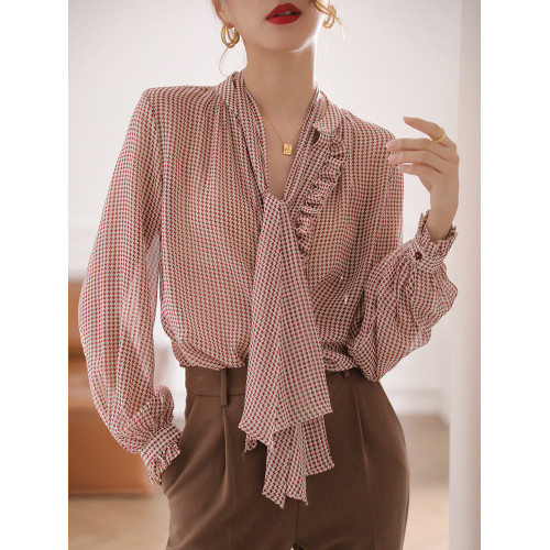 飄帶襯衫女春2025新款法式復古高級洋氣別致荷葉邊拼接千鳥格襯衣