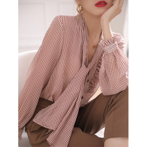 飄帶襯衫女春2025新款法式復古高級洋氣別致荷葉邊拼接千鳥格襯衣