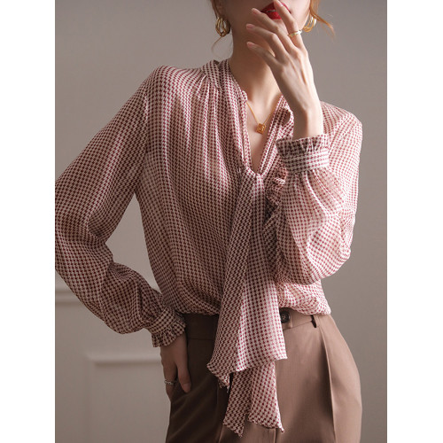 飄帶襯衫女春2025新款法式復古高級洋氣別致荷葉邊拼接千鳥格襯衣