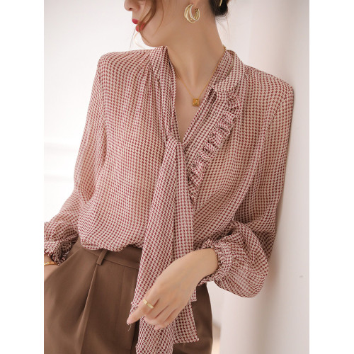 飄帶襯衫女春2025新款法式復古高級洋氣別致荷葉邊拼接千鳥格襯衣