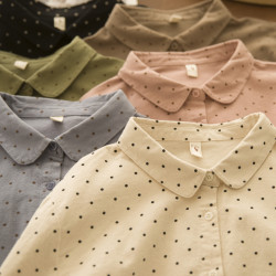 葉落歸  純棉波點娃娃領襯衫復古氣質文藝減齡襯衣百搭學生打底