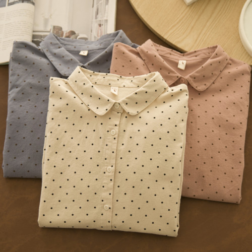 葉落歸  純棉波點娃娃領襯衫復古氣質文藝減齡襯衣百搭學生打底