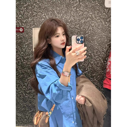 韓系高級感藍色襯衫外套女春季寬鬆長袖氣質超好看慵懶風襯衣上衣