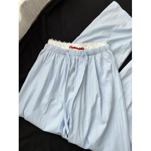 SUN！舒適輕棉速乾褲~蕾絲拼接腰頭baby藍濶鐮刀褲女美式彎刀褲子