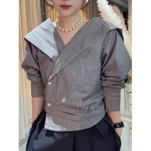 高級感通勤條紋海軍領氣質襯衫不規則斜襟顯瘦短款上衣2025年新款