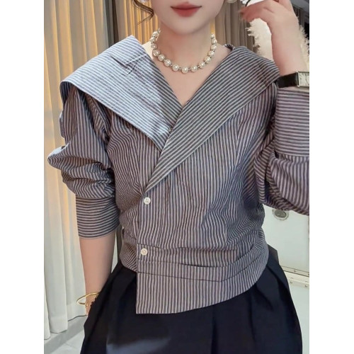 高級感通勤條紋海軍領氣質襯衫不規則斜襟顯瘦短款上衣2025年新款