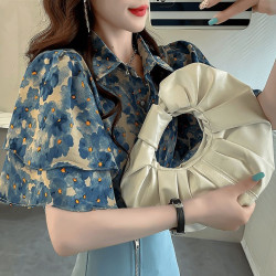 韓版印花寬鬆短袖襯衫女夏季新款碎花荷葉邊甜美百搭別致T恤上衣