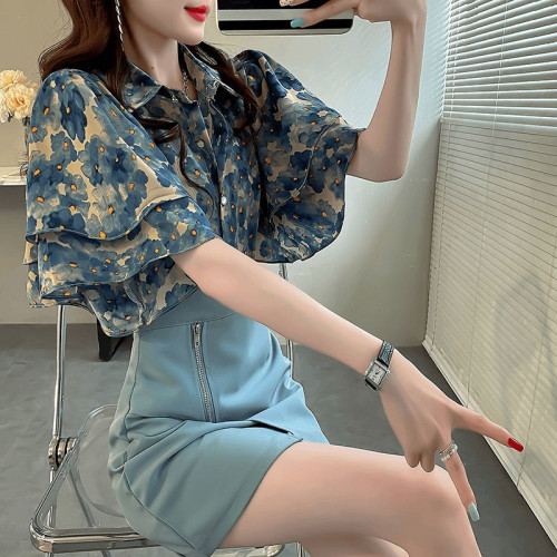 韓版印花寬鬆短袖襯衫女夏季新款碎花荷葉邊甜美百搭別致T恤上衣