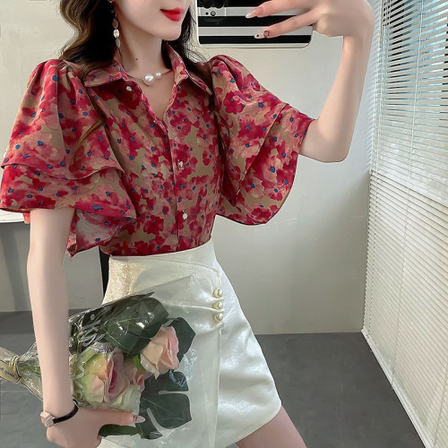 韓版印花寬鬆短袖襯衫女夏季新款碎花荷葉邊甜美百搭別致T恤上衣