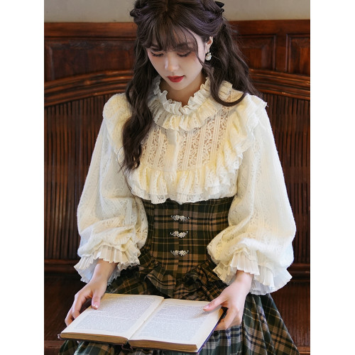 彌愛原創《珍妮的花園》法式復古宮廷加厚磨毛蕾絲燈籠袖襯衫秋冬