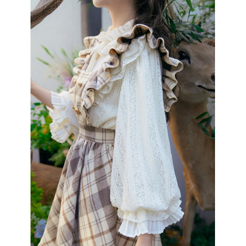 彌愛原創《珍妮的花園》法式復古宮廷加厚磨毛蕾絲燈籠袖襯衫秋冬