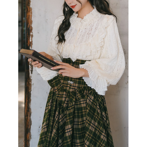 彌愛原創《珍妮的花園》法式復古宮廷加厚磨毛蕾絲燈籠袖襯衫秋冬