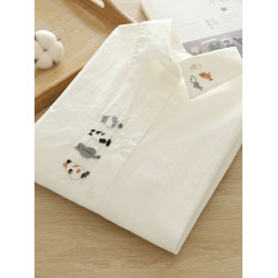 卡通刺綉貓咪小魚寬鬆純棉文藝小清新正肩白襯衫女長袖大碼學生潮