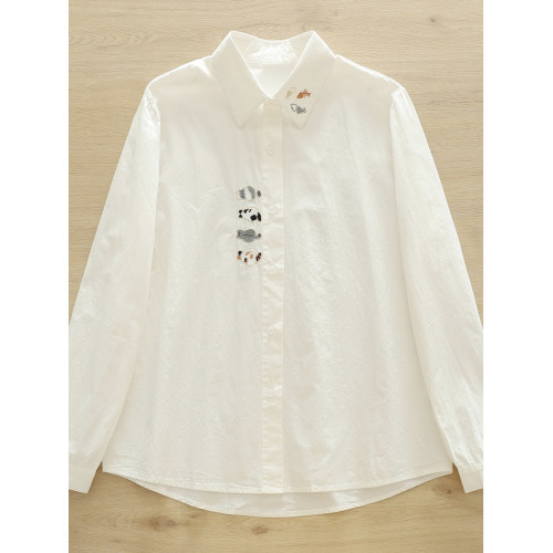 卡通刺綉貓咪小魚寬鬆純棉文藝小清新正肩白襯衫女長袖大碼學生潮