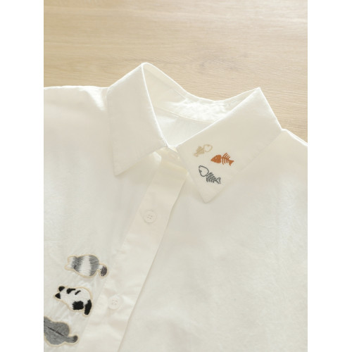 卡通刺綉貓咪小魚寬鬆純棉文藝小清新正肩白襯衫女長袖大碼學生潮