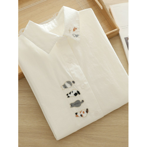 卡通刺綉貓咪小魚寬鬆純棉文藝小清新正肩白襯衫女長袖大碼學生潮