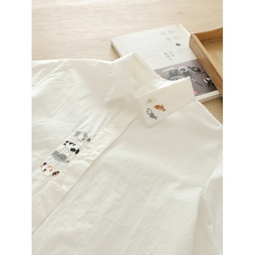 卡通刺綉貓咪小魚寬鬆純棉文藝小清新正肩白襯衫女長袖大碼學生潮