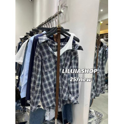 韓國東大門2025秋季新款復古氣質拼接假兩件格子長袖襯衫休閒上衣