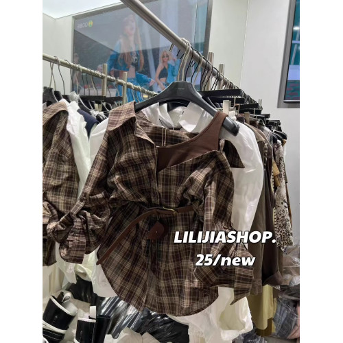 韓國東大門2025秋季新款復古氣質拼接假兩件格子長袖襯衫休閒上衣