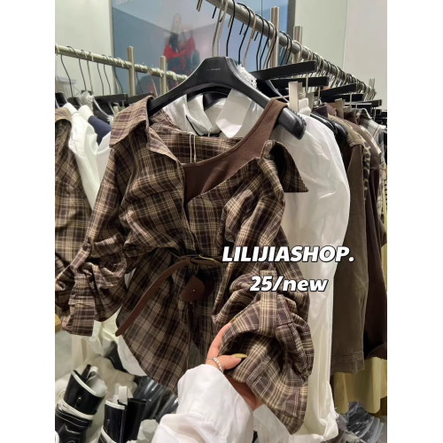 韓國東大門2025秋季新款復古氣質拼接假兩件格子長袖襯衫休閒上衣