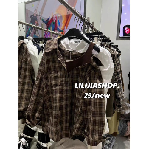 韓國東大門2025秋季新款復古氣質拼接假兩件格子長袖襯衫休閒上衣