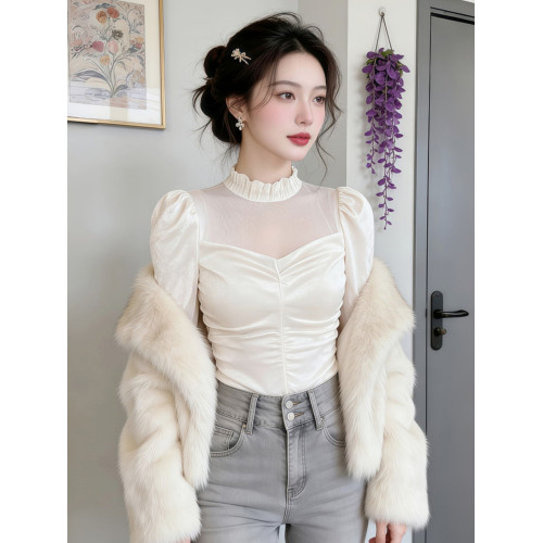 網紗絲絨短款輕奢氣質襯衫上衣2026年春季新款巨好看小衫襯衣女裝