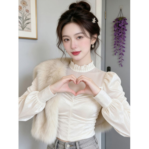 網紗絲絨短款輕奢氣質襯衫上衣2026年春季新款巨好看小衫襯衣女裝