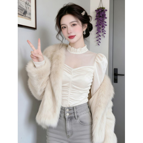 網紗絲絨短款輕奢氣質襯衫上衣2026年春季新款巨好看小衫襯衣女裝