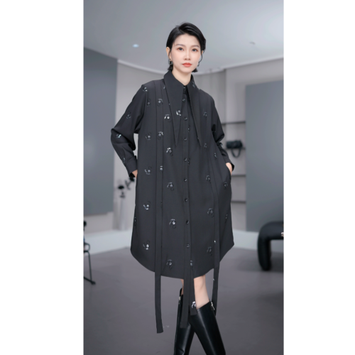 鑫鑫潮流休閒服小個子飄帶襯衫裙冬季顯瘦氣質亮片連衣裙33655