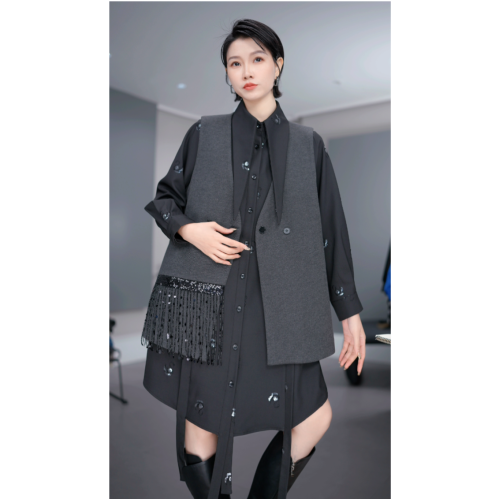 鑫鑫潮流休閒服小個子飄帶襯衫裙冬季顯瘦氣質亮片連衣裙33655