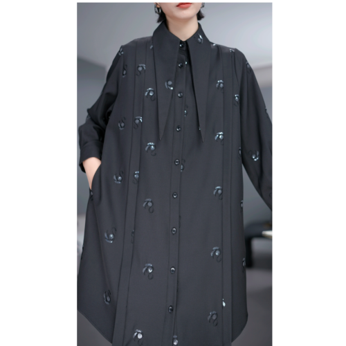 鑫鑫潮流休閒服小個子飄帶襯衫裙冬季顯瘦氣質亮片連衣裙33655