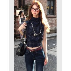 藏青色格紋半高領無袖襯衫2026巨好看的夏日氣質辣妹穿搭短款上衣