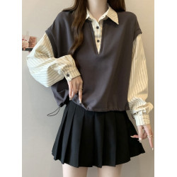 大碼胖mm女裝秋季新款韓系假兩件襯衫長袖馬甲拼接設計感條紋上衣