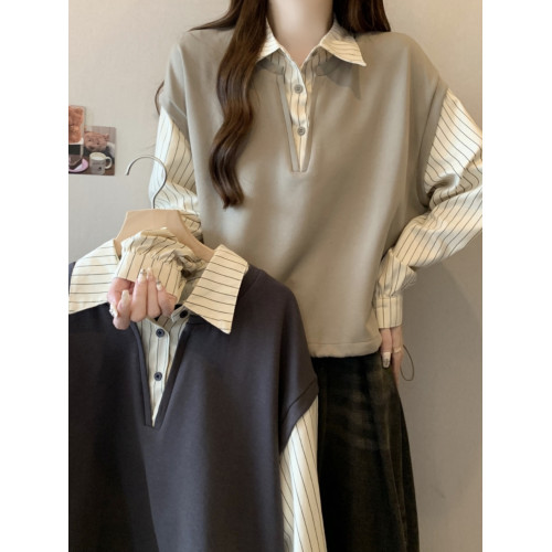 大碼胖mm女裝秋季新款韓系假兩件襯衫長袖馬甲拼接設計感條紋上衣