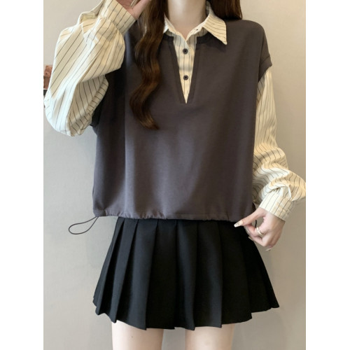 大碼胖mm女裝秋季新款韓系假兩件襯衫長袖馬甲拼接設計感條紋上衣