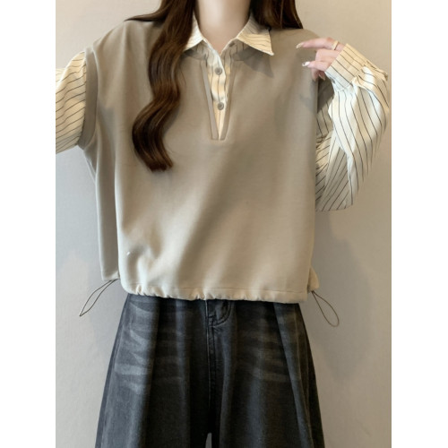 大碼胖mm女裝秋季新款韓系假兩件襯衫長袖馬甲拼接設計感條紋上衣